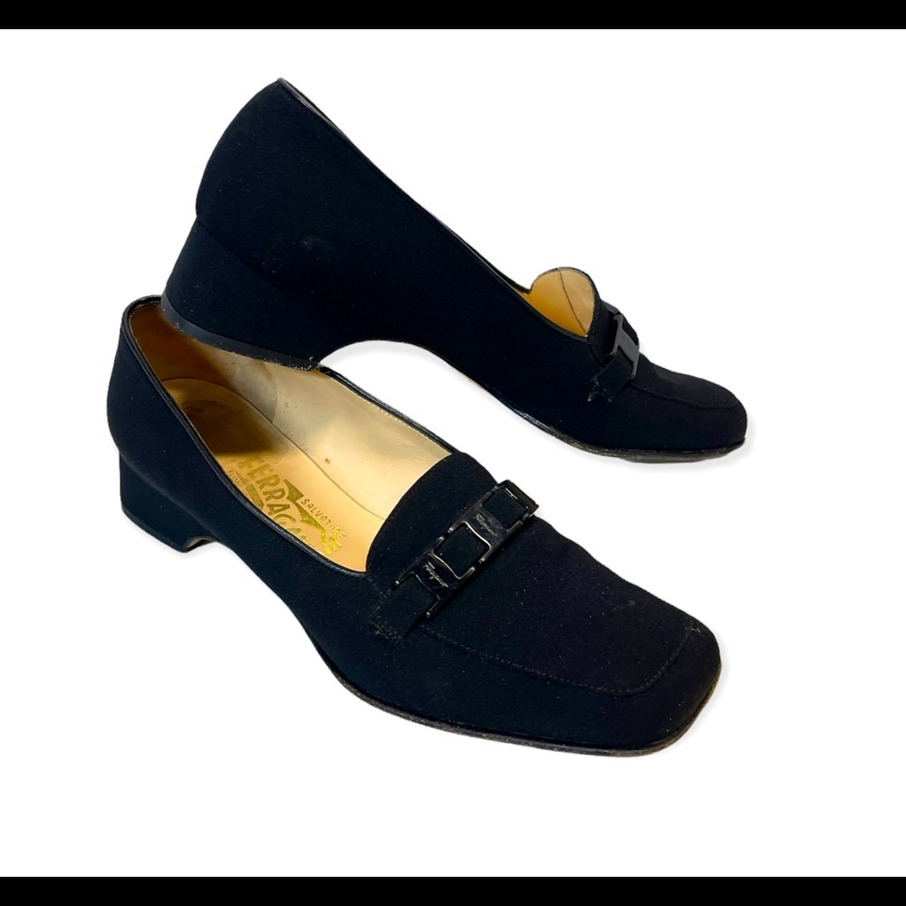 Luxury SALVATORE FERRAGAMO Pumps Tours Black Fabric Loafers Sandals Women's US 7